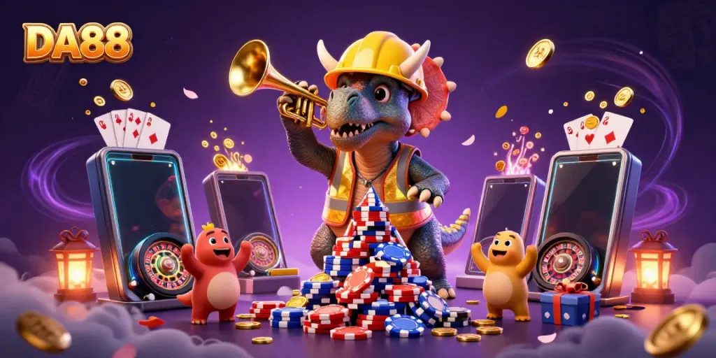 Engage with DA88 by watching a triceratops build a vibrant poker chip pyramid amidst a lively casino celebration.