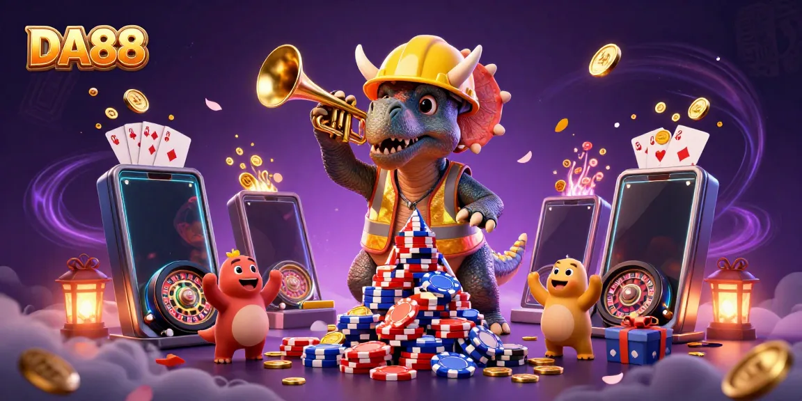 Engage with DA88 by watching a triceratops build a vibrant poker chip pyramid amidst a lively casino celebration.