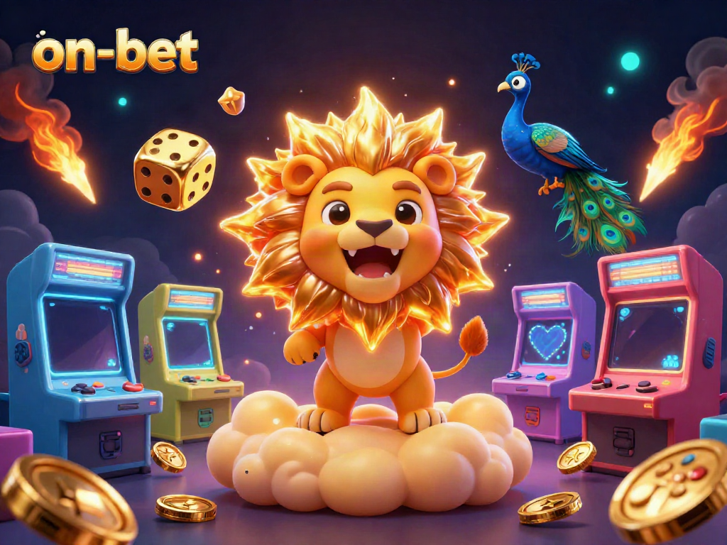 Experience gaming thrills with the on-bet lion and golden dice in a vibrant casino scene.