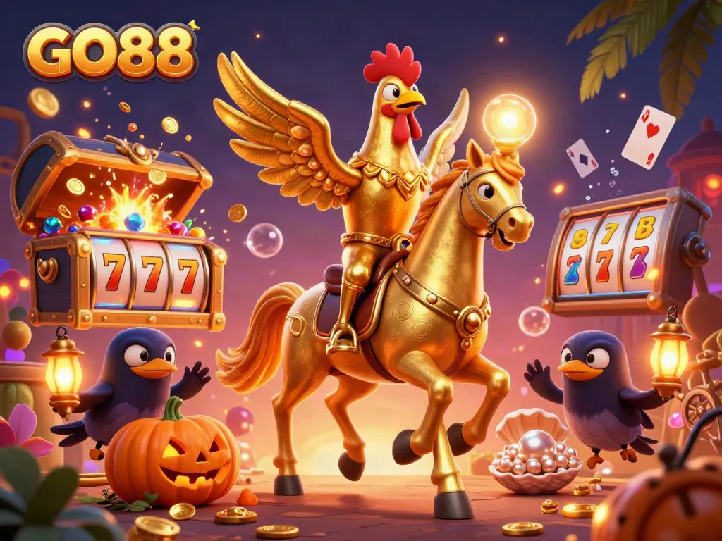 GO88 features a golden rooster headless horseman in a vibrant casino scene, embodying festive excitement.