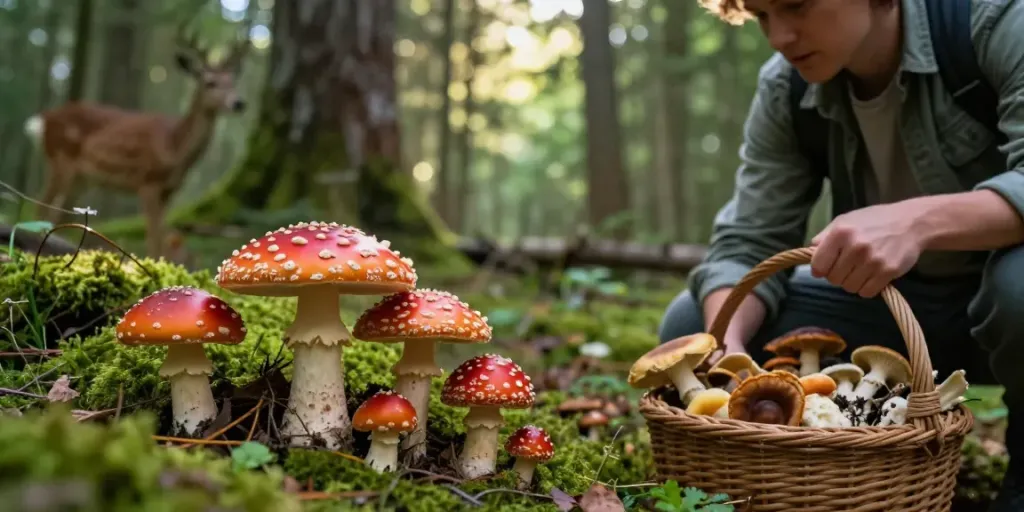 Fliegenpilz kaufen: Person beim Sammeln von Amanita Muscaria im Wald, umgeben von natürlicher Schönheit.