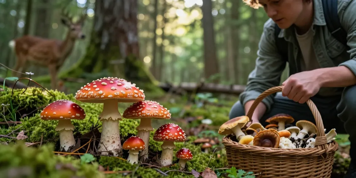 Fliegenpilz kaufen: Person beim Sammeln von Amanita Muscaria im Wald, umgeben von natürlicher Schönheit.
