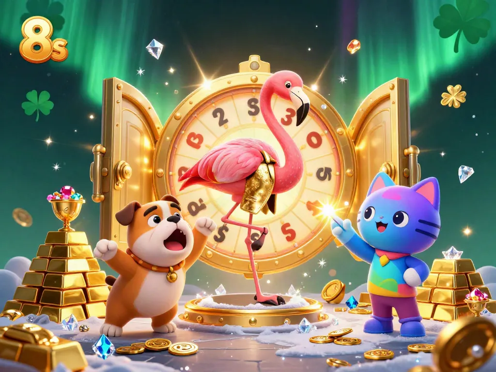 Engage with exciting 8s winning chances in this vibrant casino illustration with the game show host and sparkling prizes.
