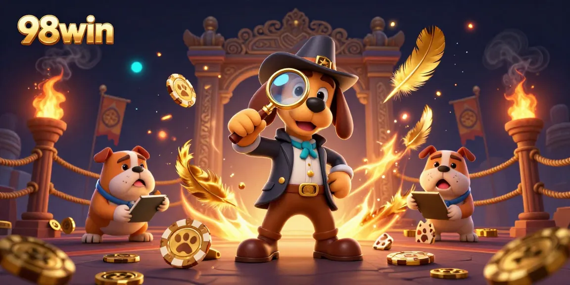 Detective bloodhound solving a 98win treasure hunt amidst gambling elements.