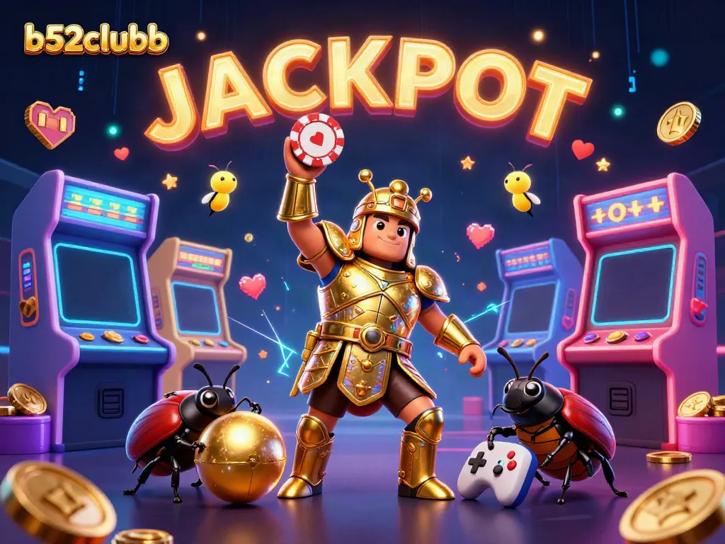 Experience the thrill of b52clubb with a victorious beetle lifting a poker chip amidst glowing arcade machines.