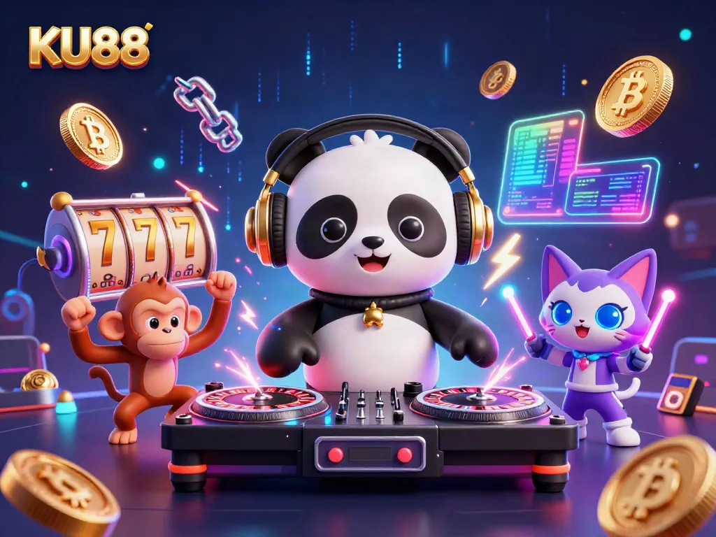 Experience the excitement of KU88 with a vibrant casino scene featuring characters and slot game elements.