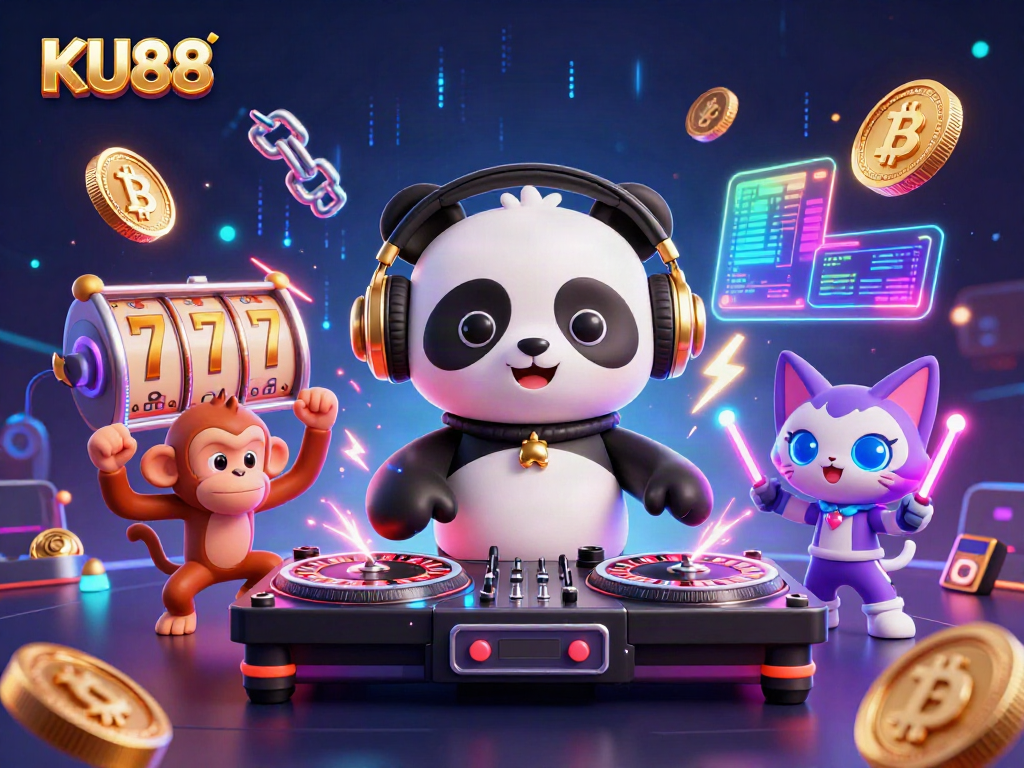 Experience the excitement of KU88 with a vibrant casino scene featuring characters and slot game elements.