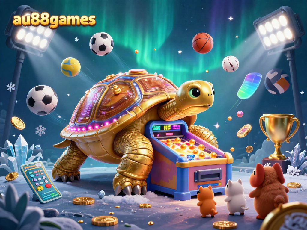 Experience thrilling gaming at au88games with a vibrant scene of a golden tortoise pinball machine and excited gamblers.