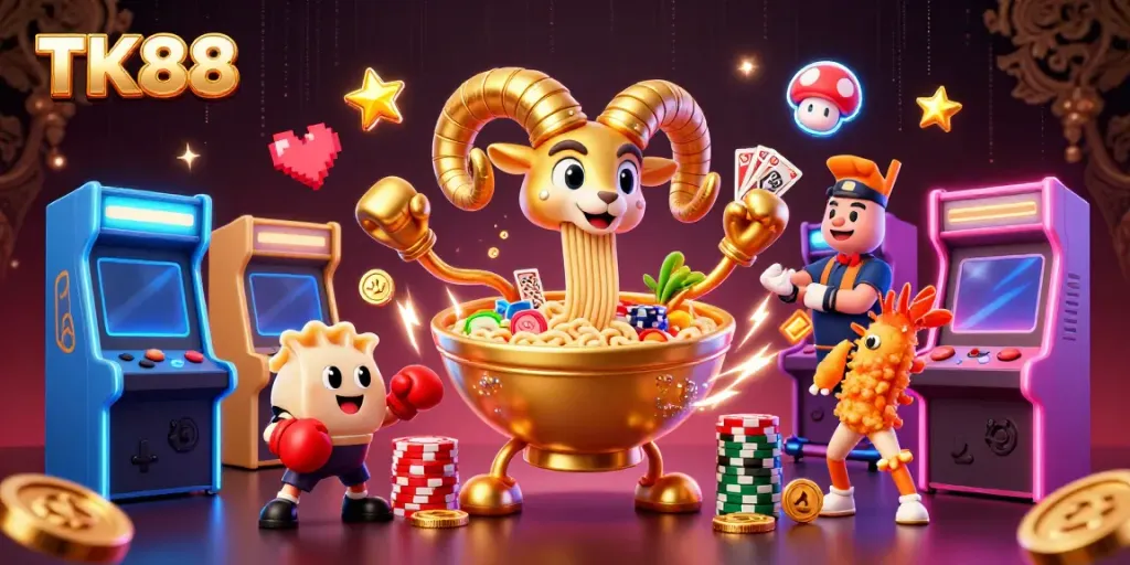 Experience the vibrant TK88 casino world with a whimsical golden ramen bowl character engaging in card games.