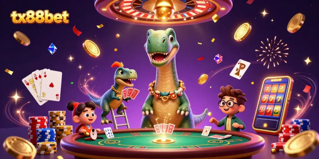 Feel the excitement at tx88bet with a vibrant casino scene featuring a brontosaurus and raptor interacting.