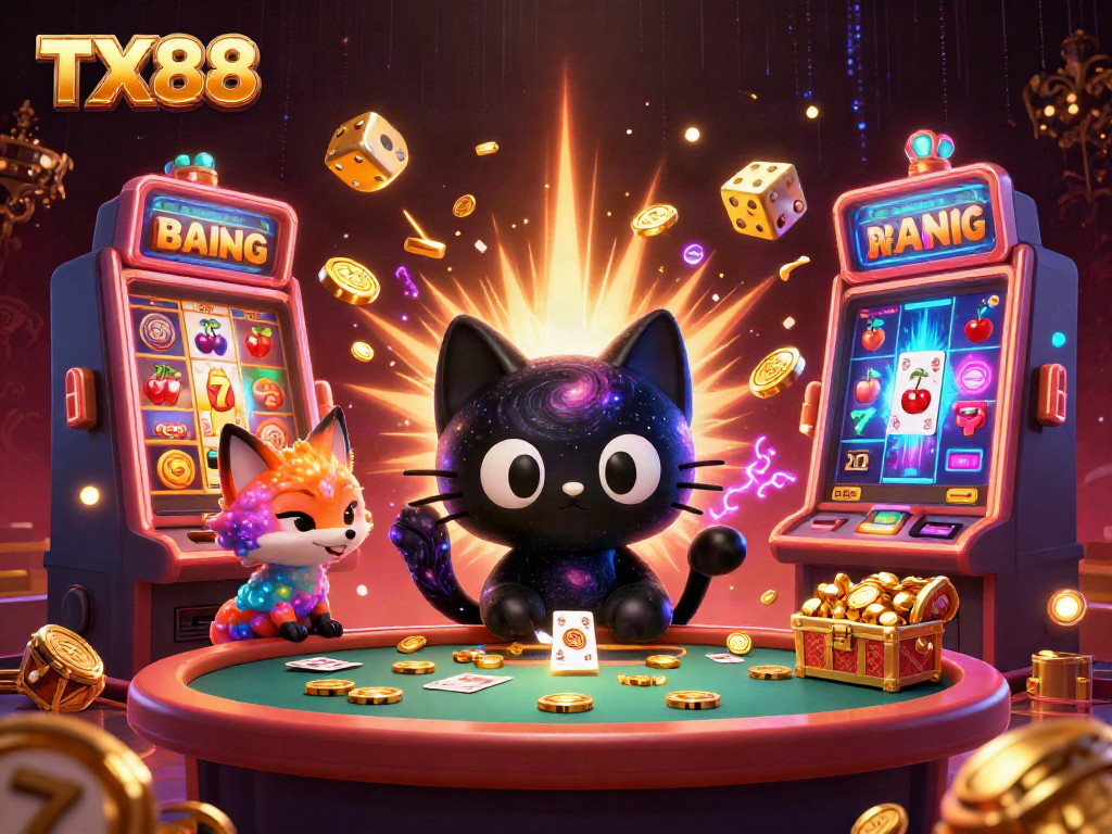Experience the excitement of TX88 with the cosmic casino atmosphere featuring vibrant characters and winning symbols.