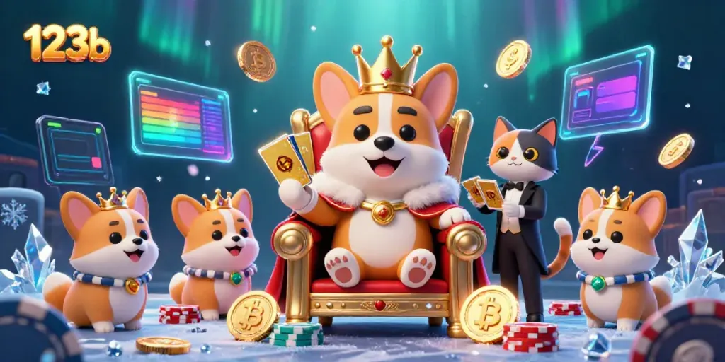 Engage with 123b in this vibrant casino scene featuring a royal corgi on a poker chip throne.