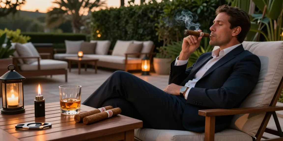 Kubanische Zigarren kaufen – Ein Mann genießt eine Zigarre in einer eleganten Lounge mit Whiskey und Zubehör.