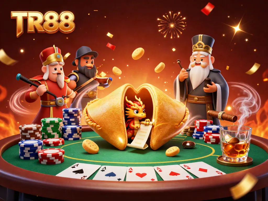 Experience TR88's vibrant casino atmosphere, featuring a dragon and fortune cookie amidst poker chips and gold.