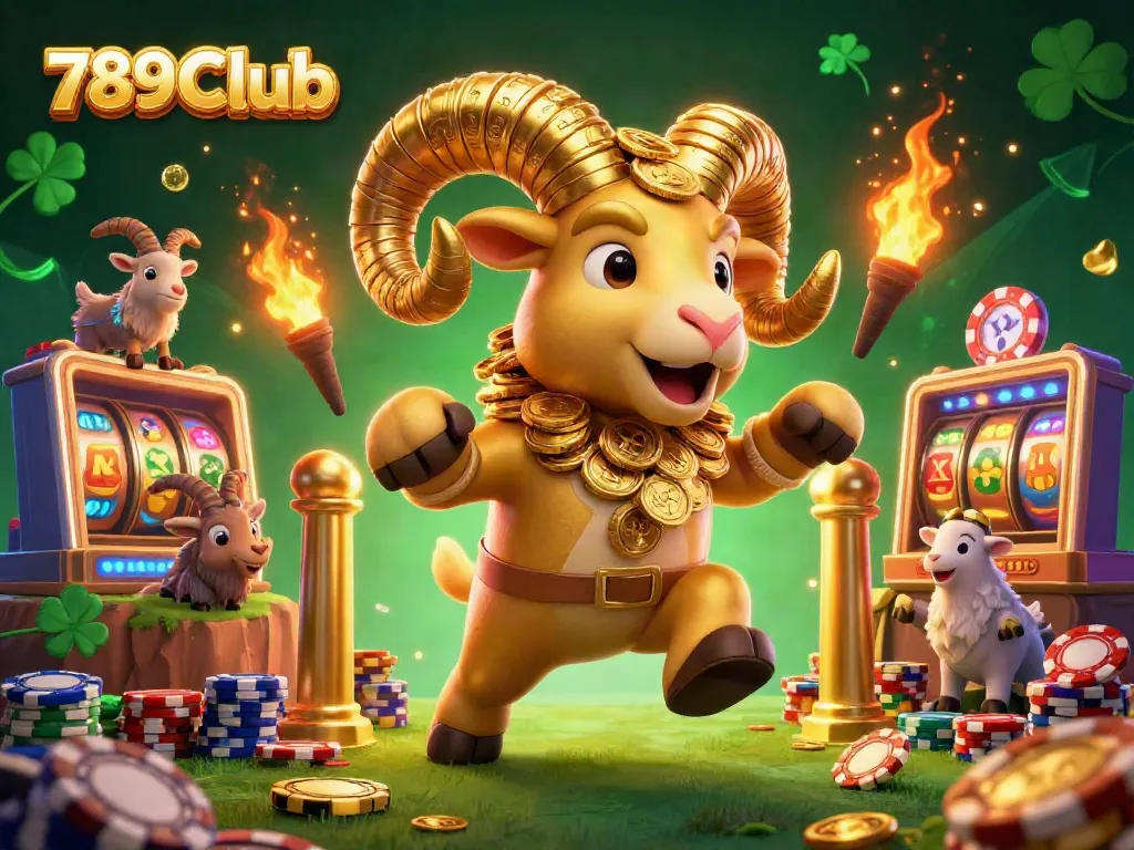 Experience the excitement of 789Club with a golden ram symbolizing fortune in a vibrant casino scene.