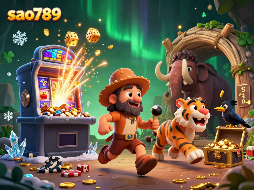 Experience the thrill of slots with sao789 as playful prehistoric characters celebrate a jackpot.