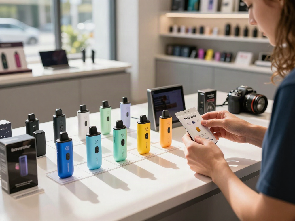 Colorful collection of Flerbar pods on display with a shopper exploring flavors.