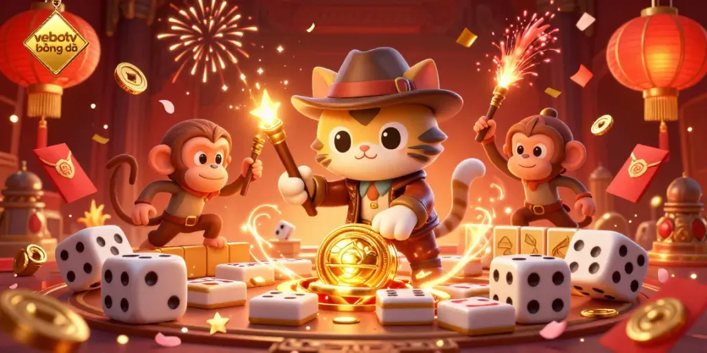 Discover thrilling moments of vebotv bóng đá with a cat explorer and monkey in a vibrant casino-themed temple.