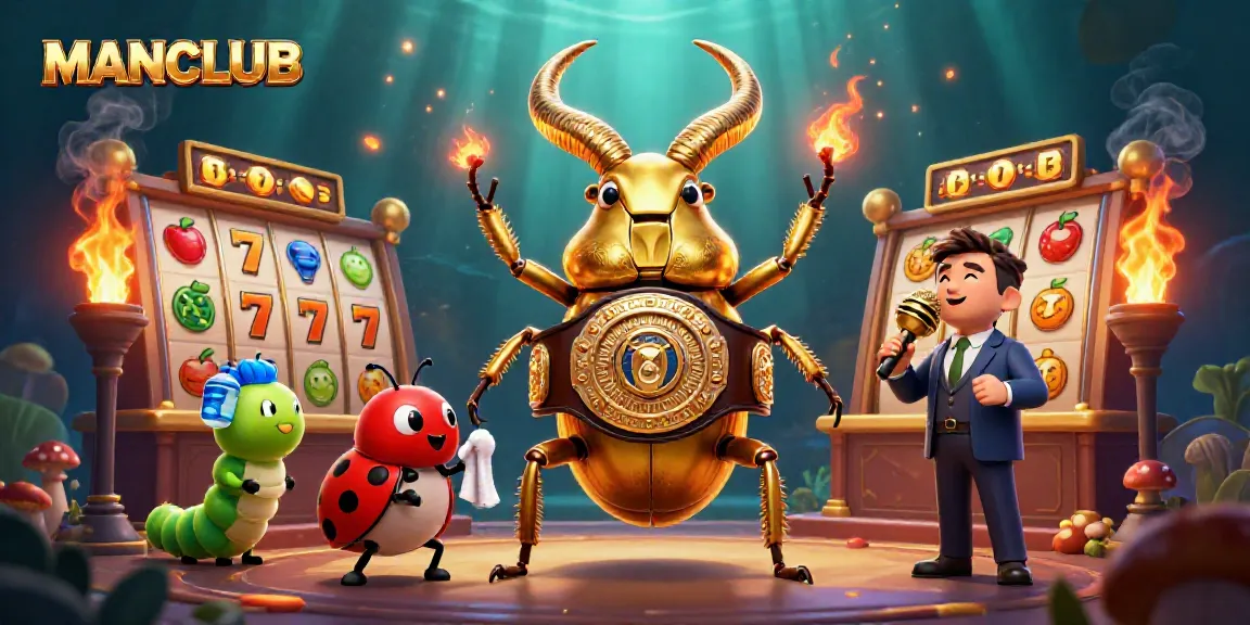 Engage with MANCLUB's exciting slots scene featuring a golden beetle and vibrant game elements.