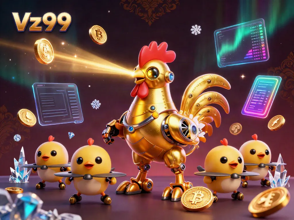 Experience excitement at Vz99 with a golden rooster robot leading crypto-themed gaming adventure.