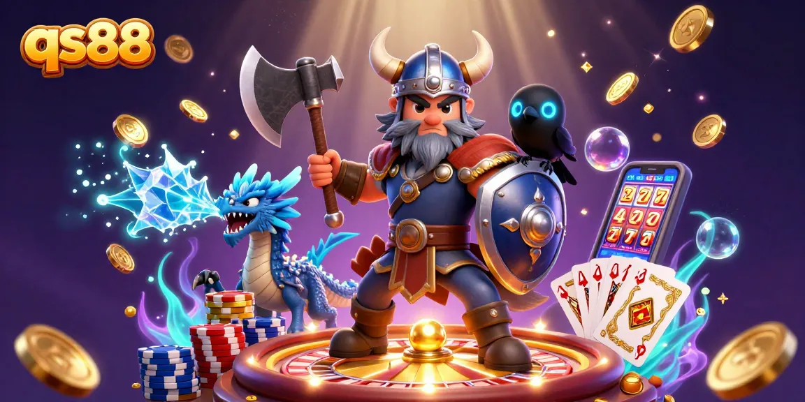 Experience the thrill of qs88's gaming world with our Viking warrior and fierce dragon amidst a dynamic casino atmosphere.