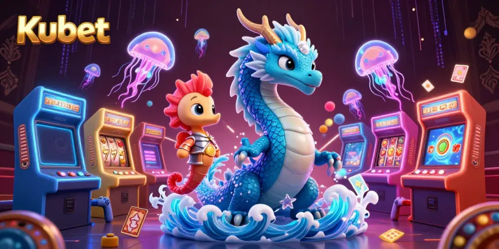 Experience the excitement of betting at Kubet featuring a majestic azure water dragon and vibrant casino elements.