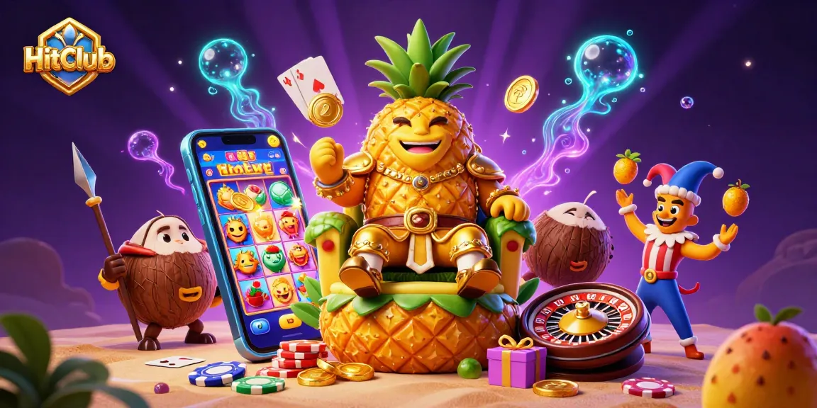 HitClub showcases a vibrant 3D casino scene with a pineapple king and engaging gameplay action.