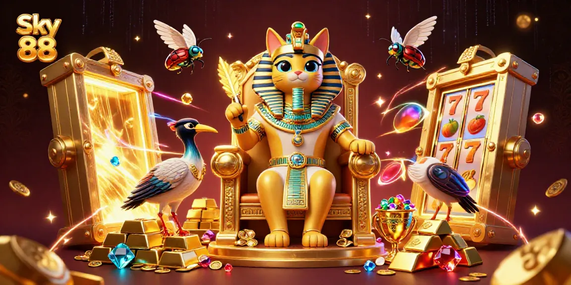 Experience the vibrant atmosphere of Sky 88 with a 3D illustration featuring a pharaoh cat and slot reels.