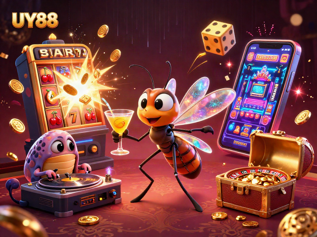 Experience excitement at UY88 with a dynamic casino scene featuring vibrant characters and rich gaming elements.