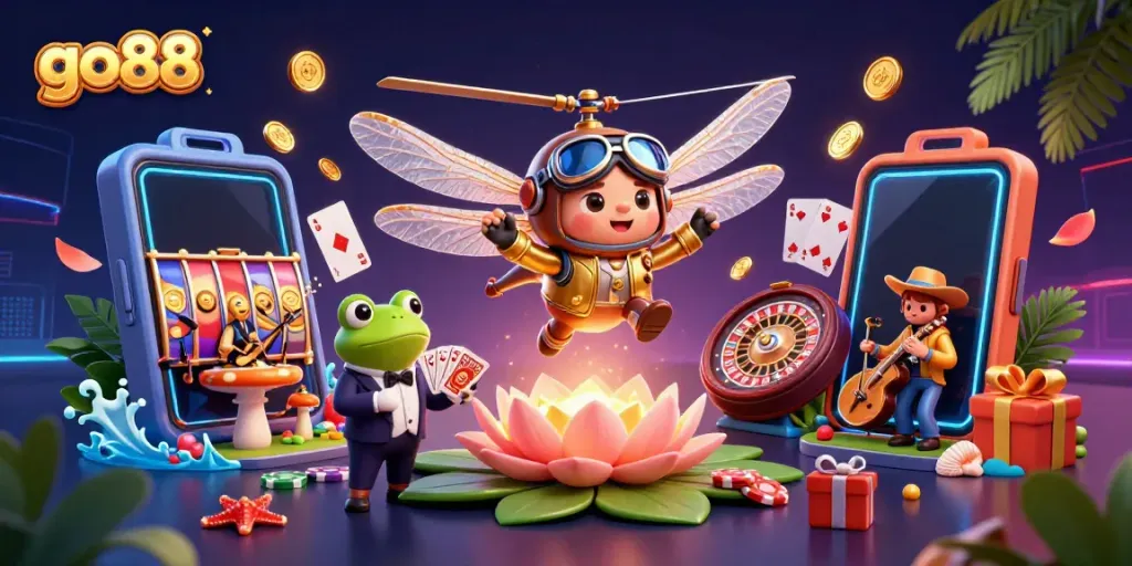 Engage with go88's vibrant casino world featuring a dragonfly pilot, frog dealer, and a lively jazz band.