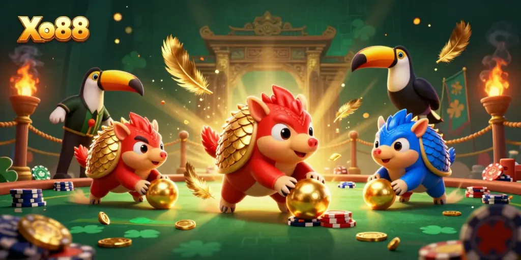 Engage with Xo88 as rival pangolins clash in casino-themed illustration with golden coins and poker chips.