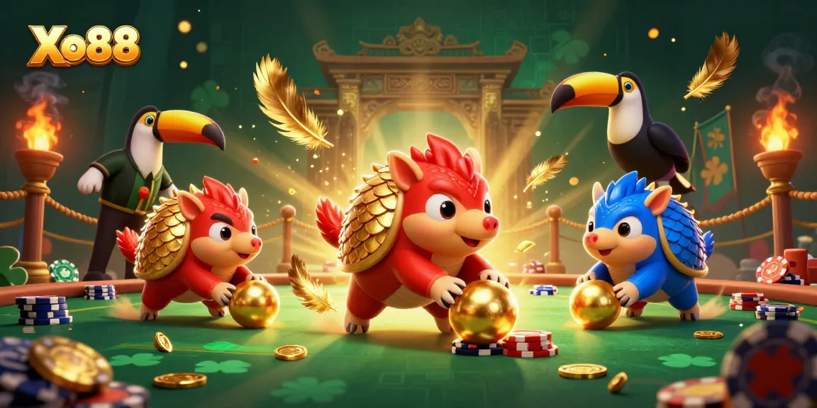 Engage with Xo88 as rival pangolins clash in casino-themed illustration with golden coins and poker chips.