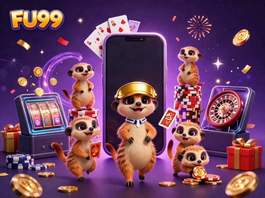 Experience the excitement of FU99 with meerkats in a vibrant casino scene showcasing slots, cards, and celebrations.
