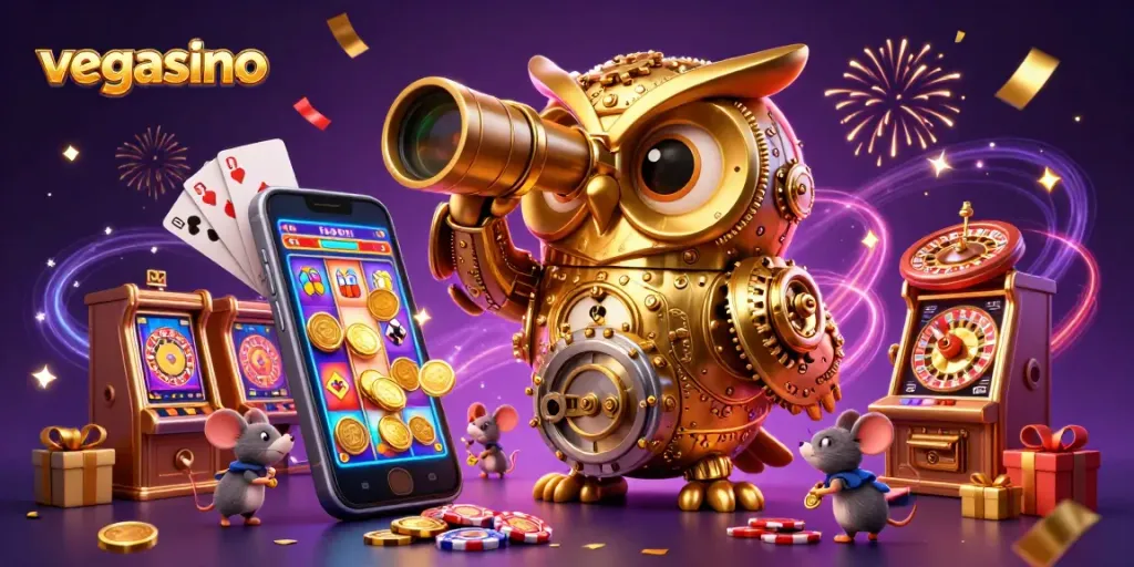 Engaging scene with vegasino’s characters amid colorful casino activities and rich animations.