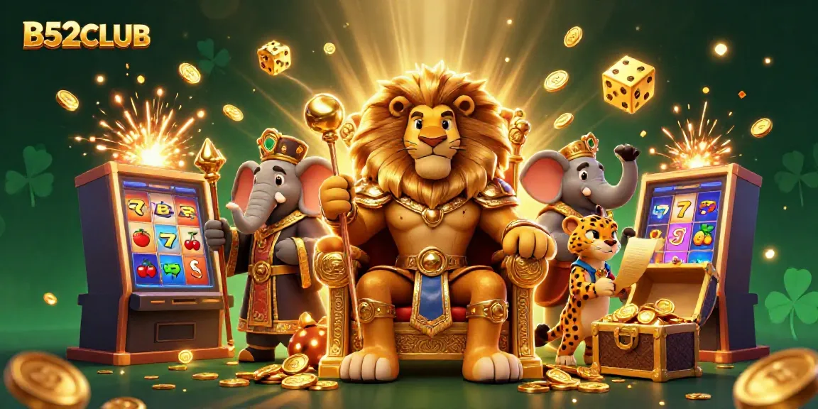 B52CLUB features a vibrant casino scene with a majestic lion king and dynamic game elements.