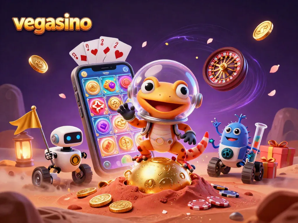 Experience exciting action at vegasino with a Martian gecko discovering a golden casino in a dynamic space scene.