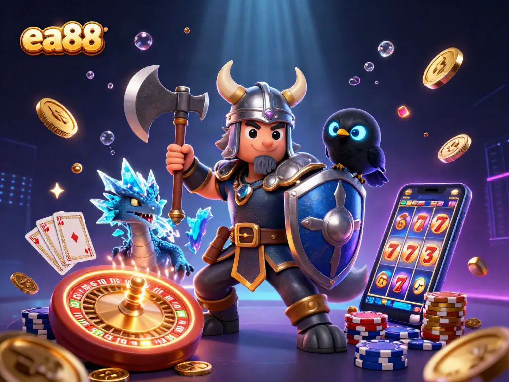 Spin the roulette and win big with ea88's vibrant casino scene featuring fantasy characters and gaming elements.