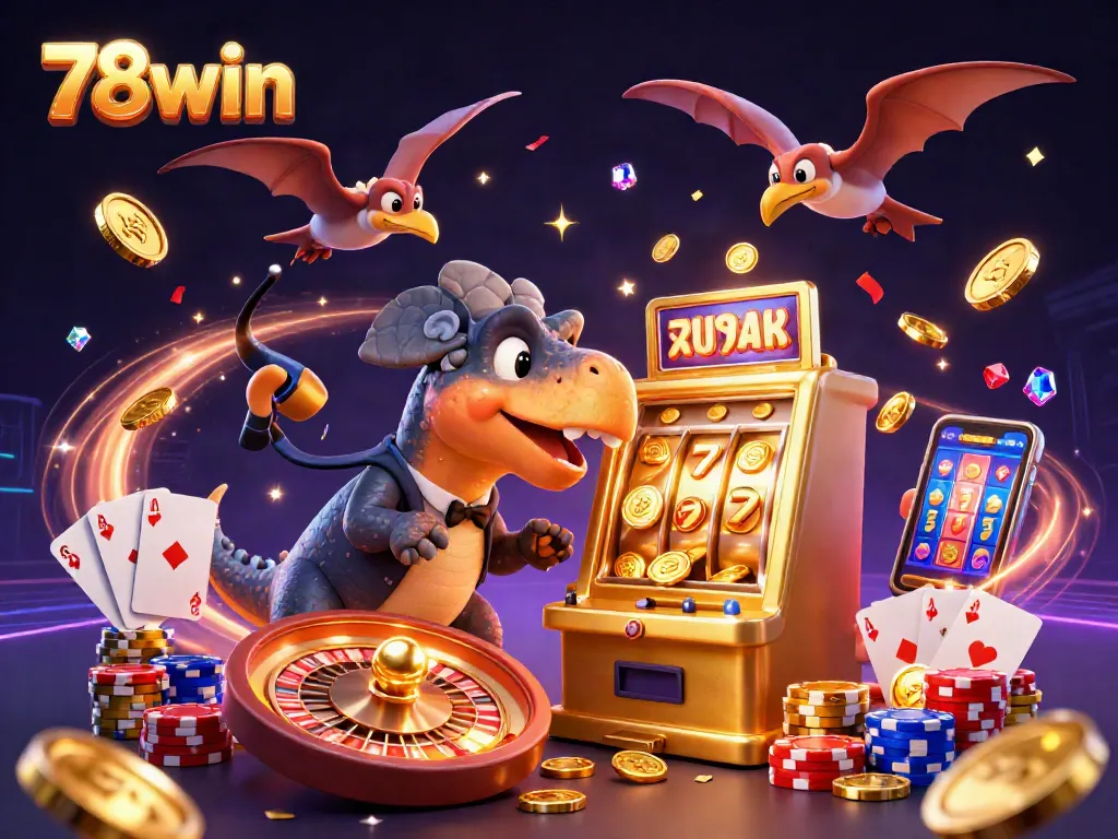 Engaging 78win scene featuring a dinosaur interacting with a golden slot machine, surrounded by casino elements.