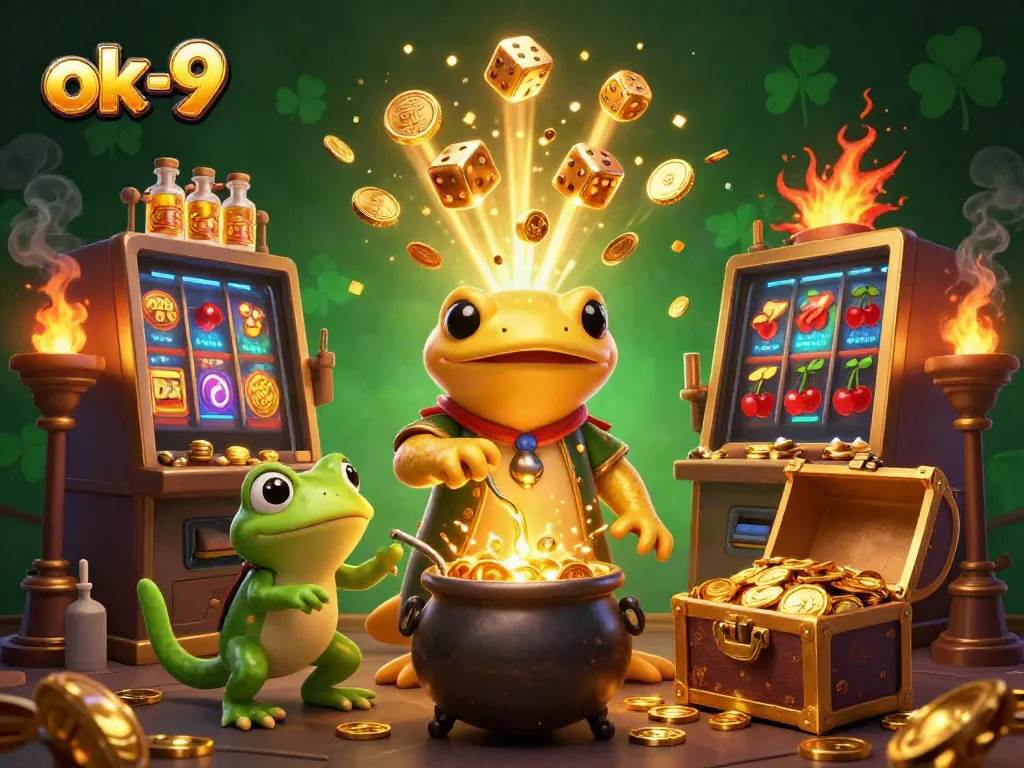 Experience the thrilling world of ok-9 with a dynamic illustration showcasing golden alchemy, casino elements, and excitement.