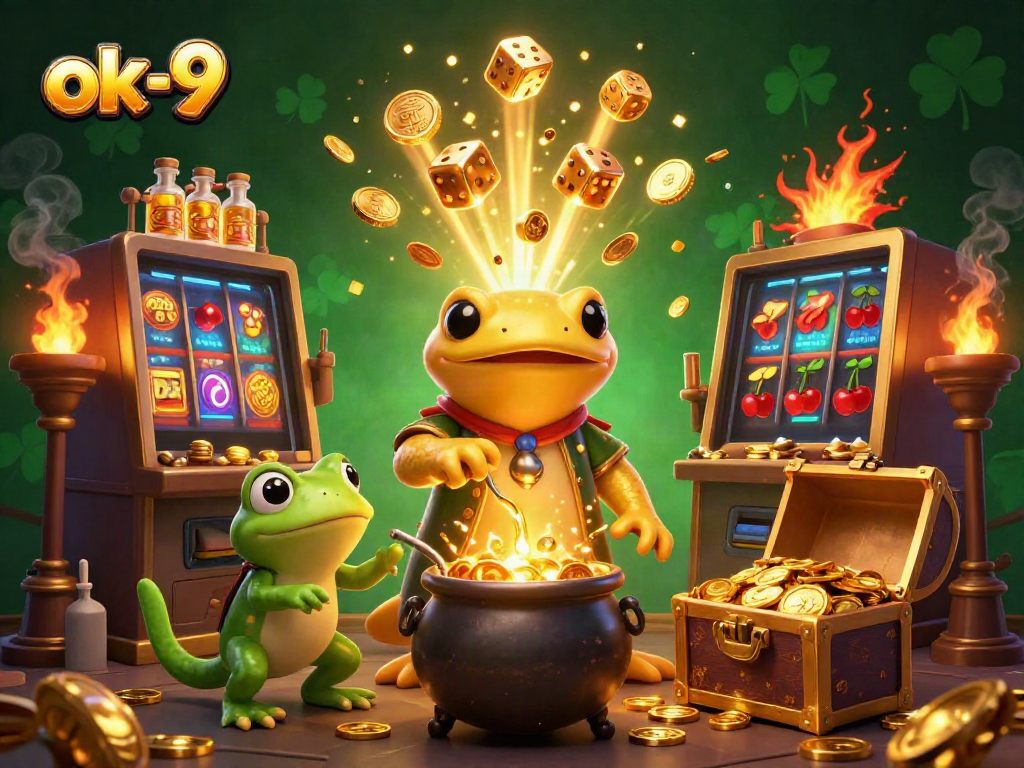 Experience the thrilling world of ok-9 with a dynamic illustration showcasing golden alchemy, casino elements, and excitement.