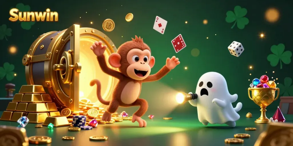 Experience the thrills at Sunwin's haunted casino with a mischievous monkey and a ghost-hunter puppy.