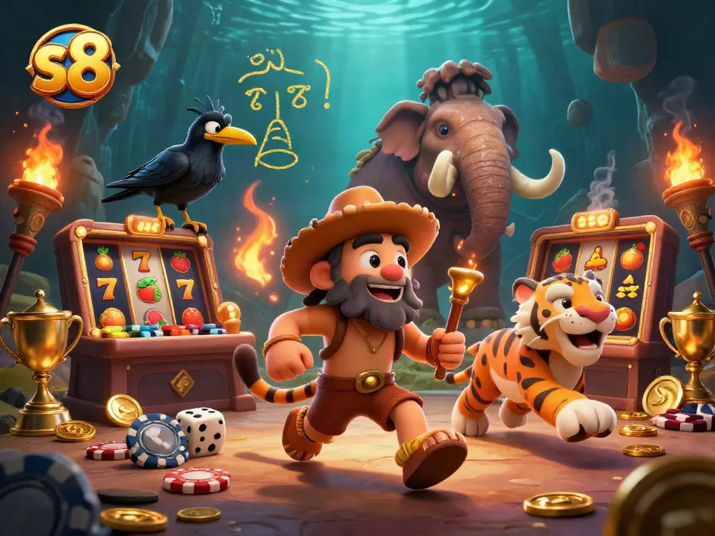 Engage with slots excitement at s8 with caveman and sabertooth tiger in a dynamic casino scene.