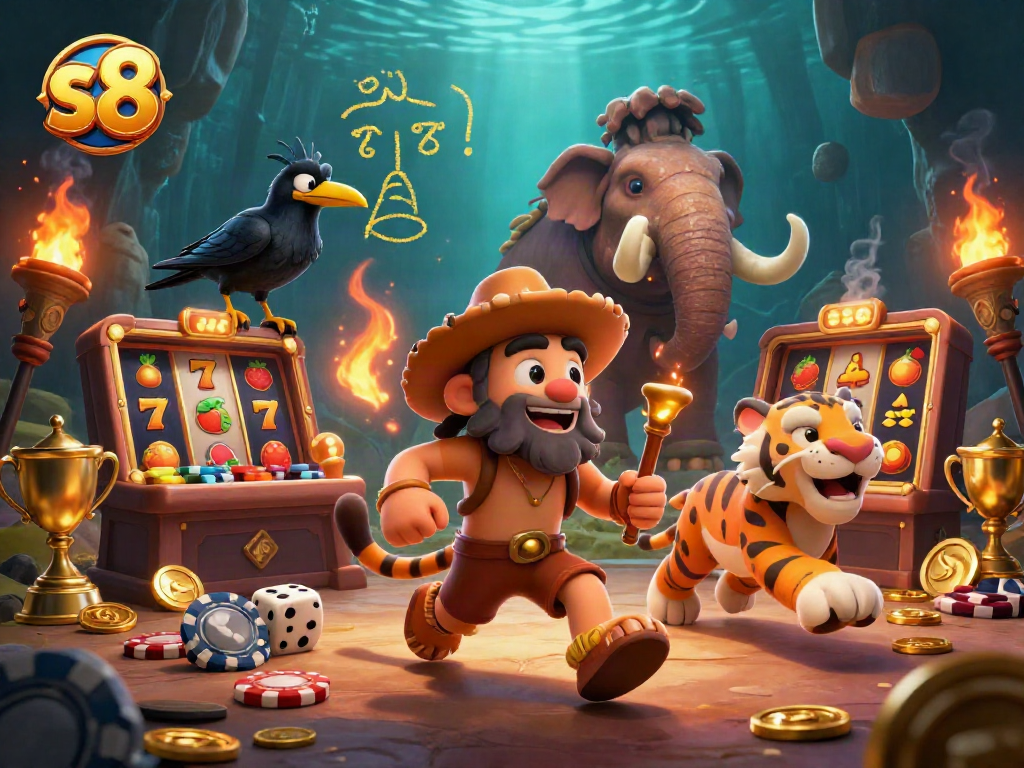 Engage with slots excitement at s8 with caveman and sabertooth tiger in a dynamic casino scene.