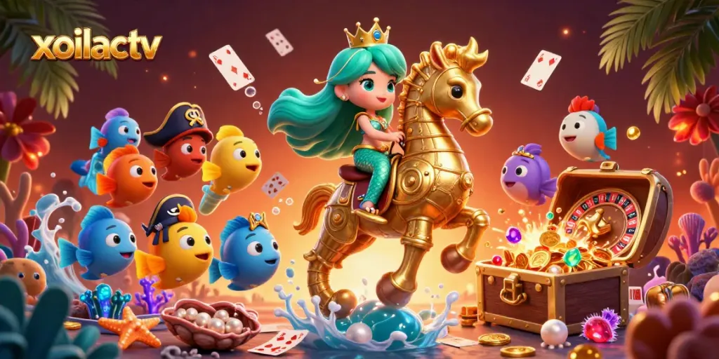 Xoilactv plays a vibrant role in an underwater casino adventure with a mermaid, flamboyant fish, and a roulette wheel.