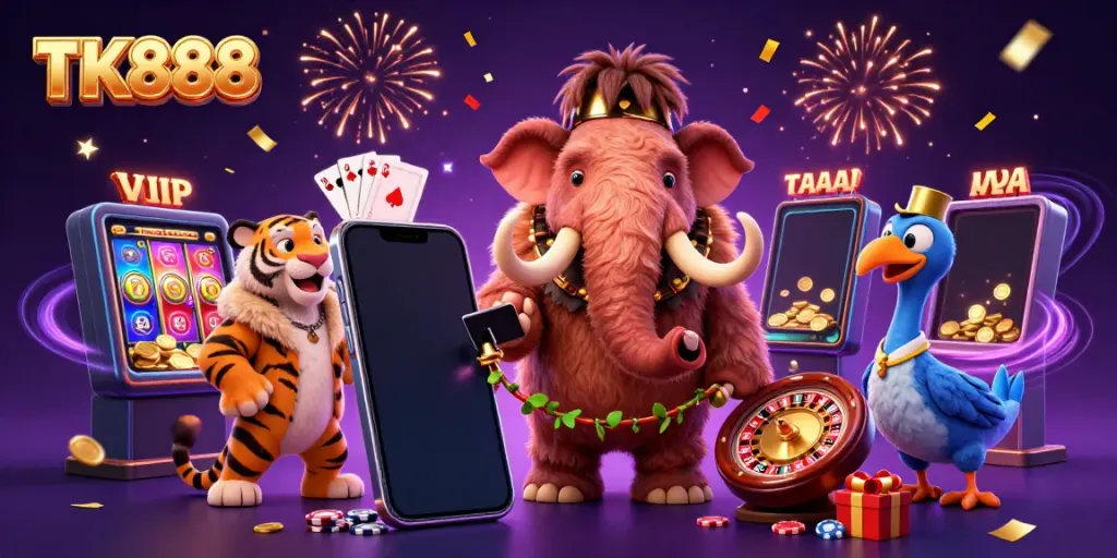 Win big with TK888 at the entrance of a vibrant casino, featuring a mammoth bouncer and VIP guests.