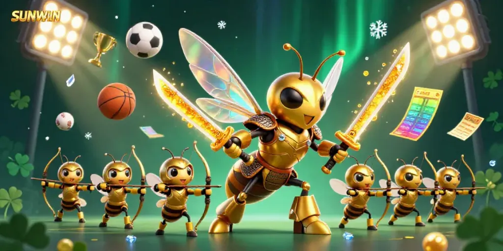 SUNWIN showcases an ultra-detailed 3D scene with a golden hornet in samurai armor and dynamic sports betting elements.