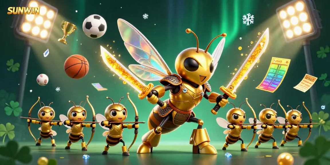 SUNWIN showcases an ultra-detailed 3D scene with a golden hornet in samurai armor and dynamic sports betting elements.