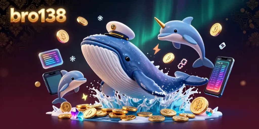 Experience the thrill of bro138 with a 3D whale and dolphins surrounded by colorful casino elements.