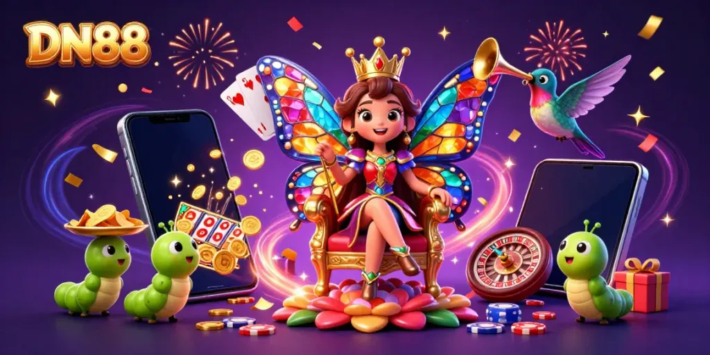 Experience the excitement of DN88 with a vibrant casino-themed illustration featuring a butterfly queen and casino games.