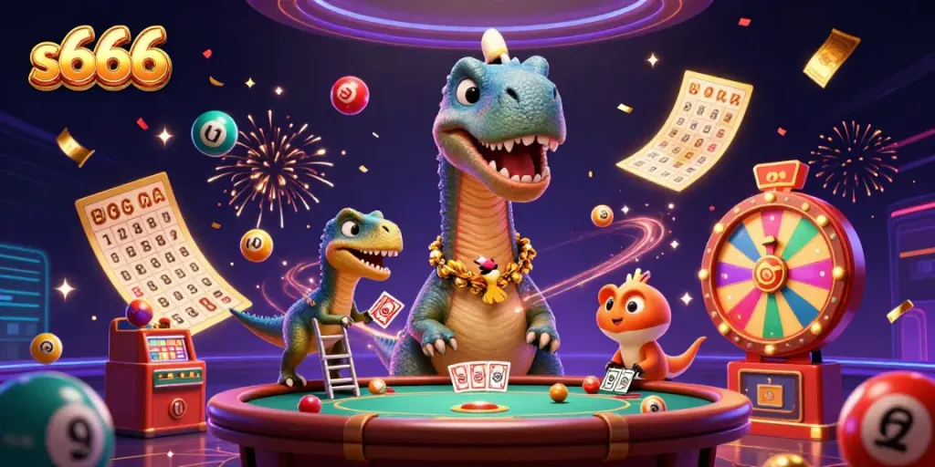 Engage with the vibrant world of s666 where a giant brontosaurus oversees a thrilling casino scene full of action.